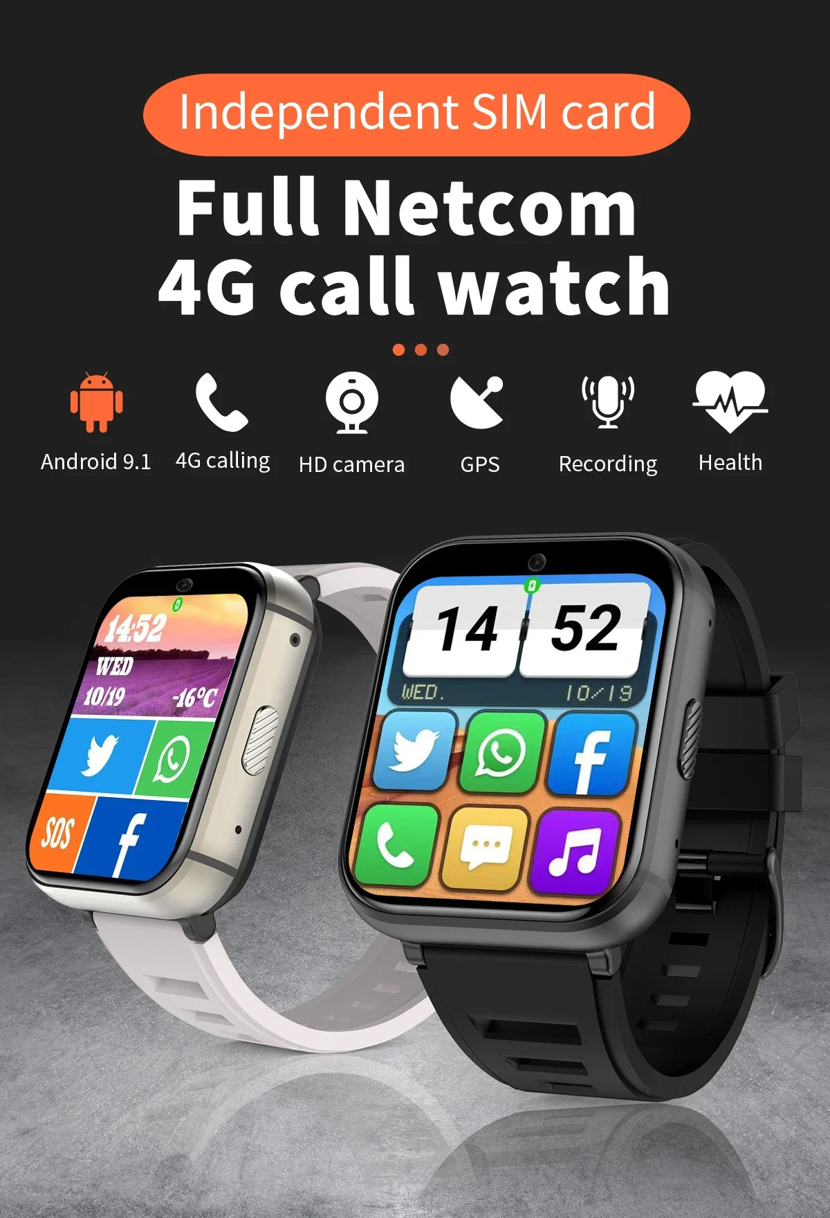 Elder Care Smartwatch Android Supported Sim Card GPS Track  SOS Elder 4g+64g Smart phone Watch