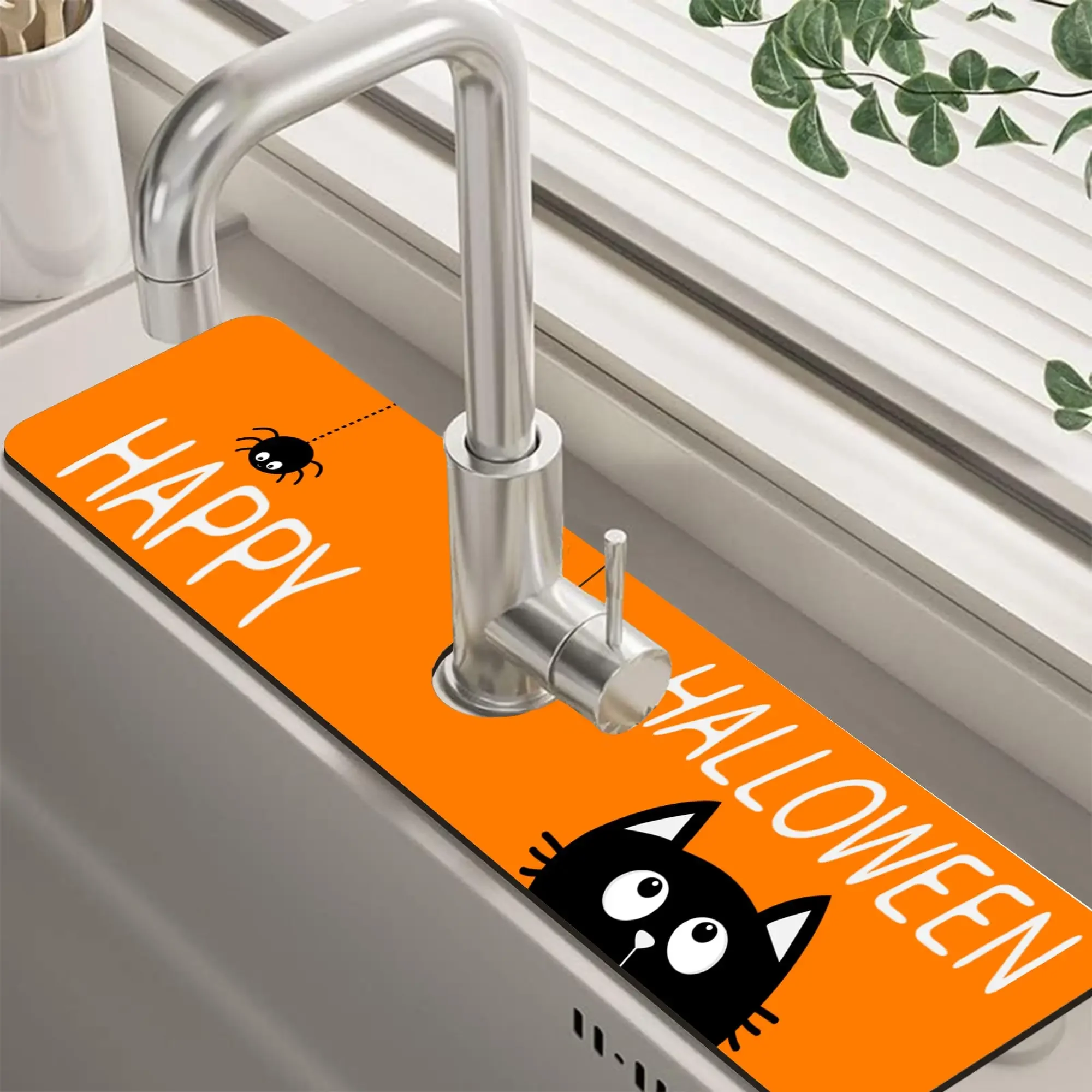 VIKAMA Halloween Black Cat Spider Web Faucet Mat Absorbent Quick-Drying Dry Table Mat Sink Splash Guard Pad Home Decoration