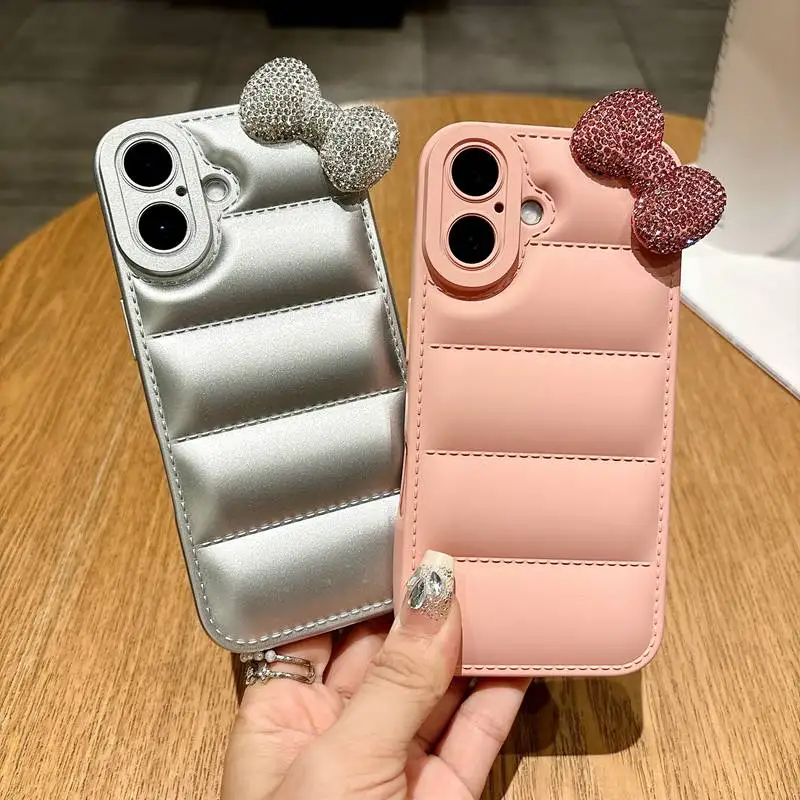 Diamond Bow Puffer Down Jacket Phone Case For Google Pixel 3 4 XL 5 6 7 8 Pro 3A XL 7A 6A 5A 4A 5G 4G 4XL 3AXL 3AXL Soft Cover