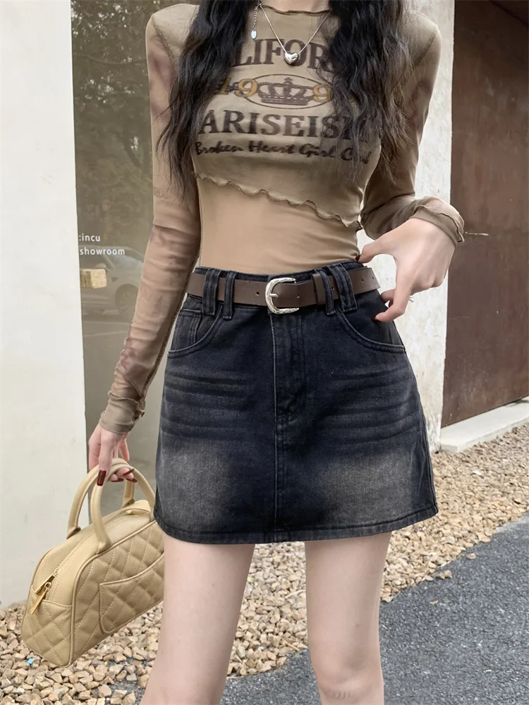 

Slergiri Y2k Vintage Denim Mini Skirts Women Korean Casual Streetwear Pockets High Waist Jeans A-line Skirt Without Belt