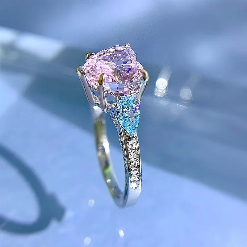 

New S925 Silver Powder Blue Cp 8 * 8 Heart-shaped HeartPink DiamondIce Flower CuttingEuropean And American Ins Style Jewelry