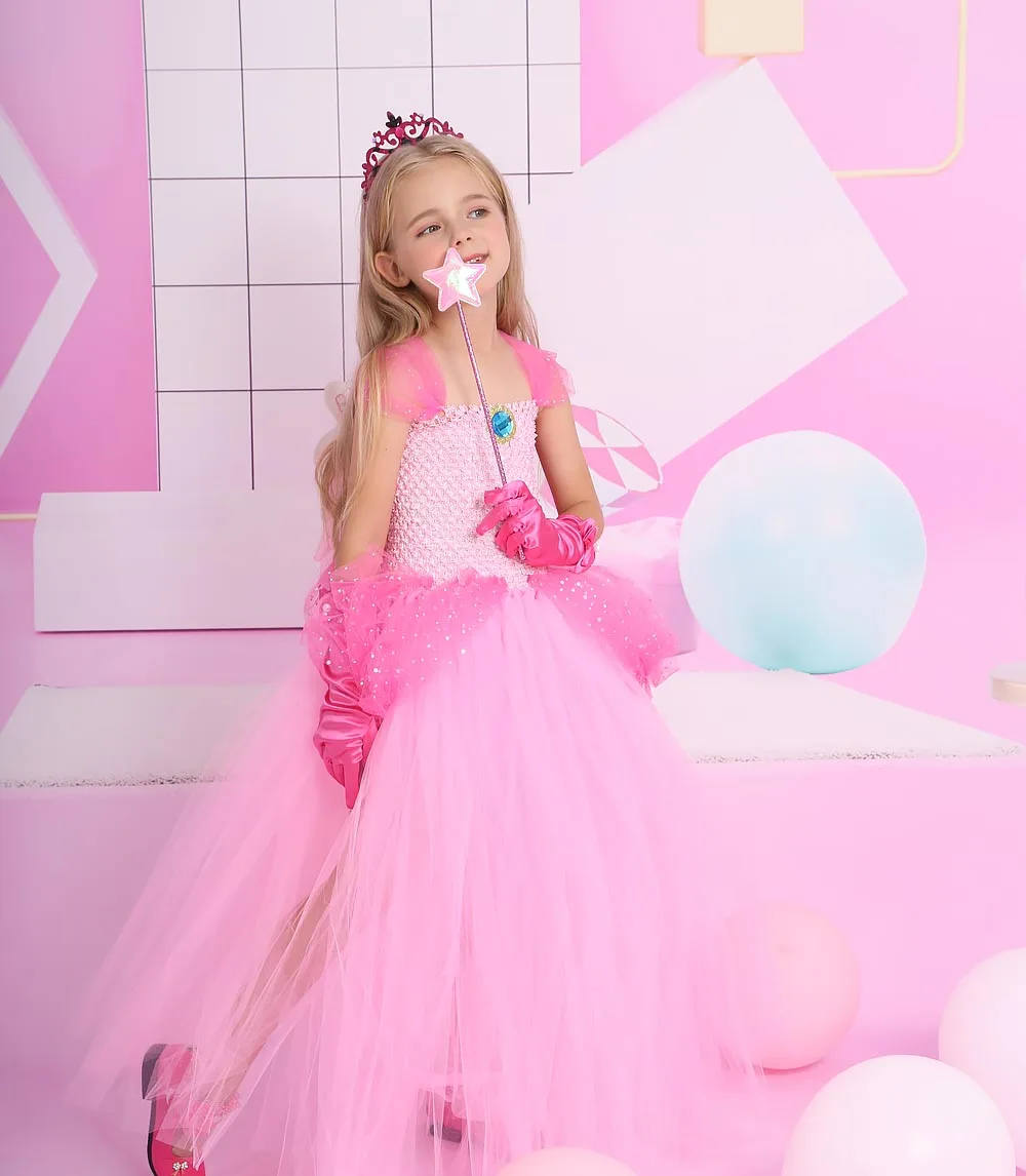 Princess Peach Costume Girls Birthday Outfit Tulle Dress Kids Halloween Cosplay Party Dresses Fairy Tales Dress Up Tutu Dress