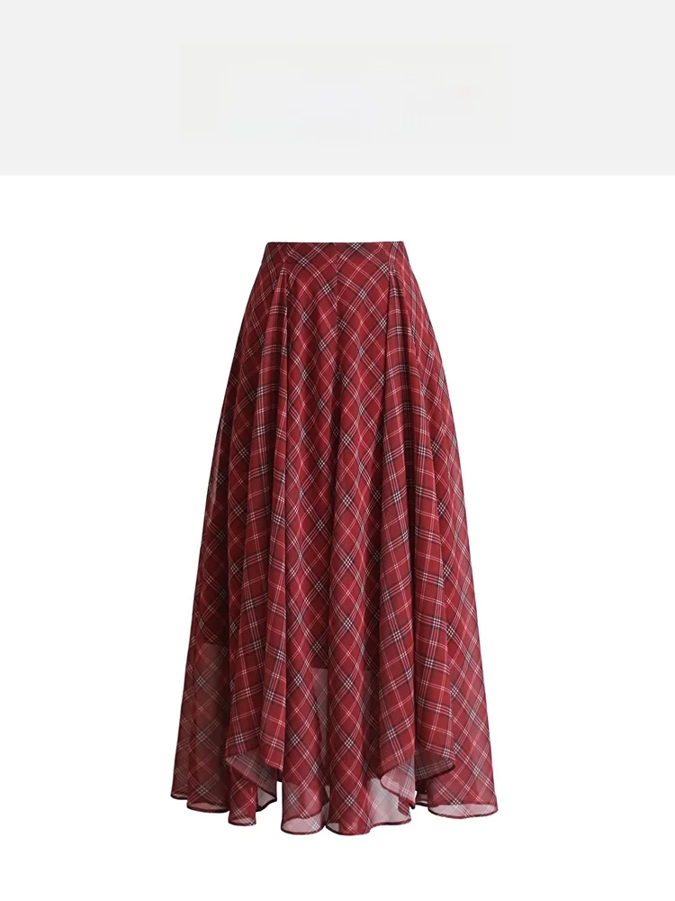 

HESIHUA Retro Plaid Chiffon ter Ne Dr Women's mid Waist Umbrella Skirt Polyester Fabric Daily Wear A-Line Skirt