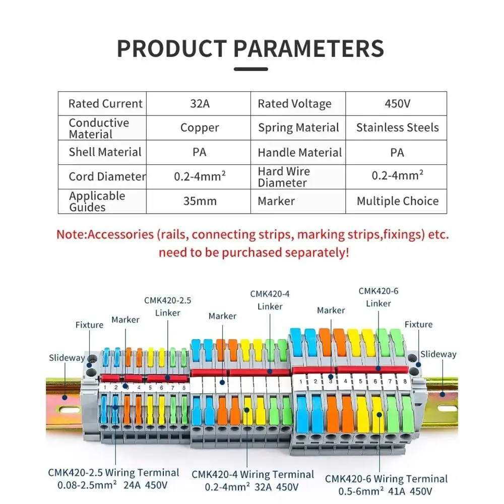 10Pcs CMK420 Din Rail Terminal Block 4mm2 11AWG 450V 32A Quick Splice Hub DIN Mount Design Color Coded Terminals