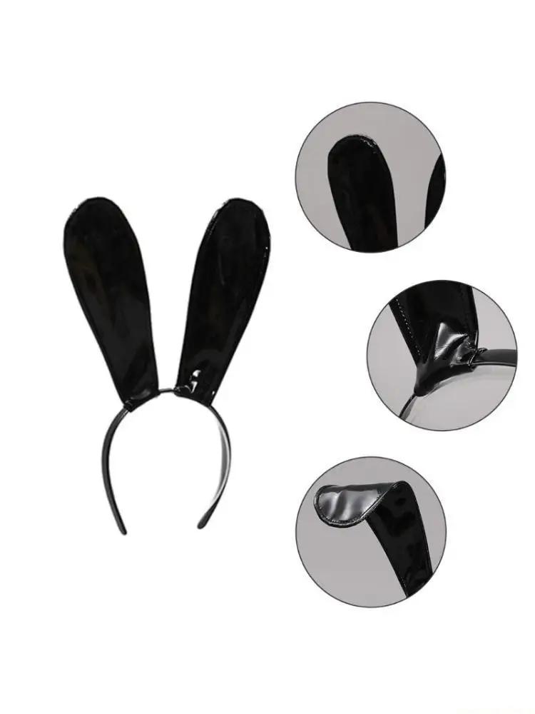 

31BF Leather Bunny Ear Headband Rabbit Ears Headdress Theme Party Hair Accessories
