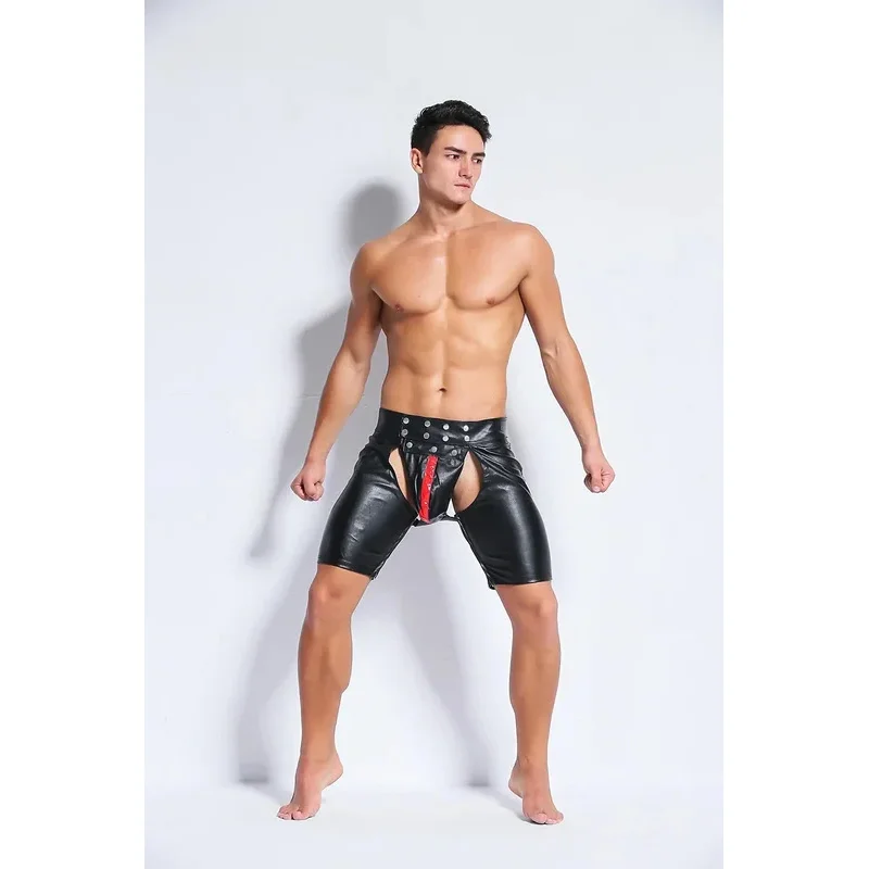 qq28LQMens مثير ضيق اللاتكس PVC عبودية القوطية الرجال الأسود بولي Leather السراويل الجلدية تيدي الوثن ازياء كلوبوير فاسق زي