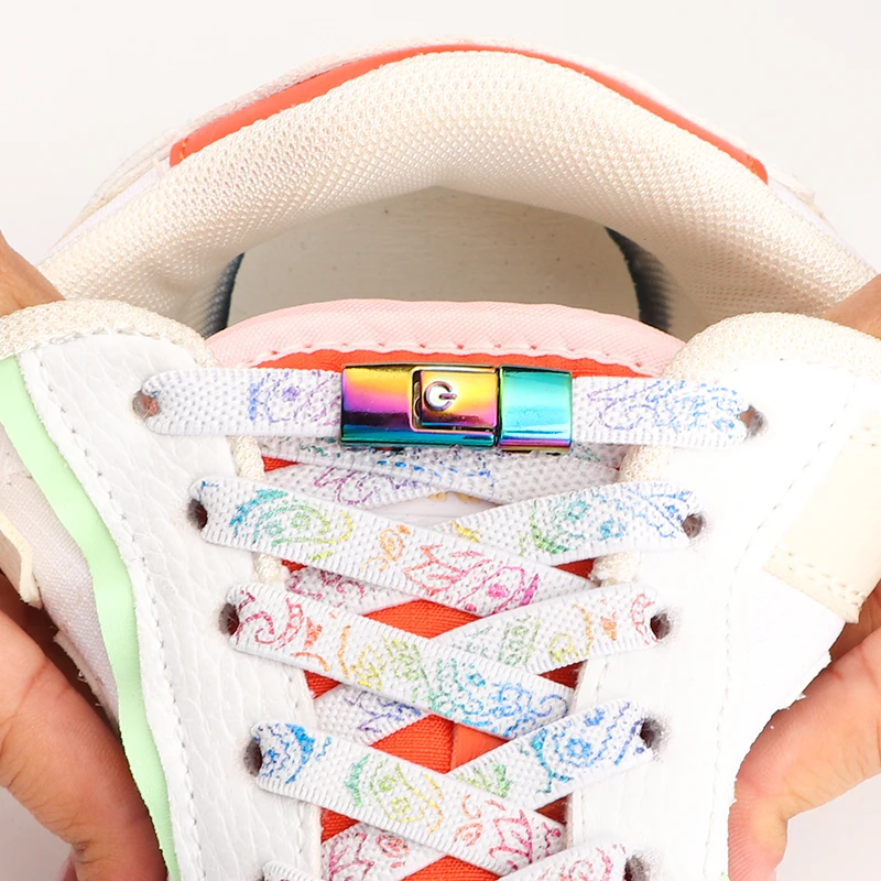 No Tie Shoelaces for Sneakers Colorful Press Metal Lock Shoelace Cashew Flower Print Flat Elastic Laces Without Ties Shoe Laces