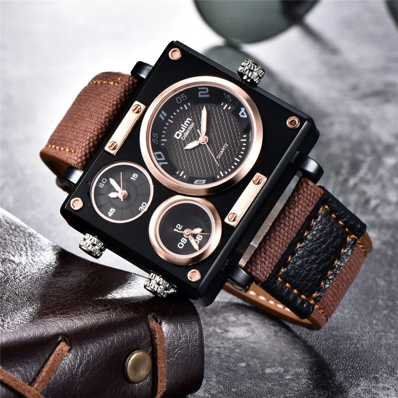 Oulm 3595 Military Watches Men Luxury Brand Three Time Zone Wristwatch Male Quartz Clock Men\'s Casual Fabric Watch