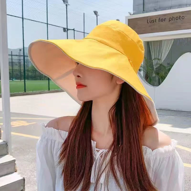 Wide Brim Sun Hat Women Anti-UV Protection Hiking Fisherman Cap Fold Summer Solid Cotton Breathable Beach Bucekt Hat