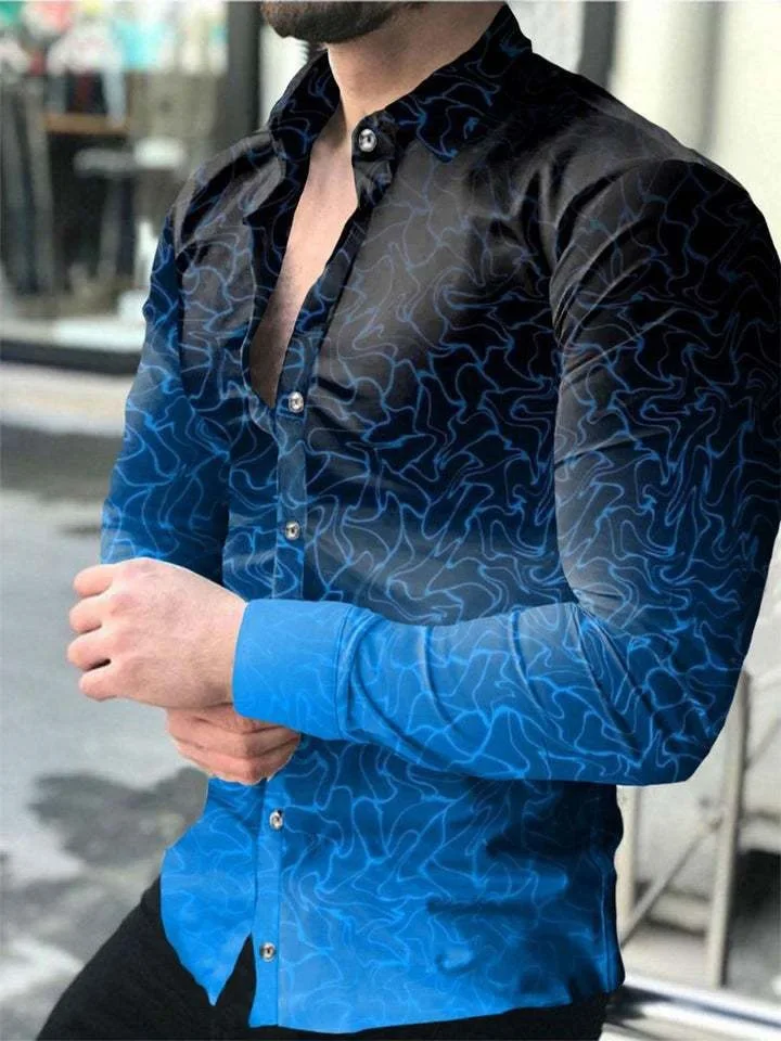 Men's casual versatile fashion street men's shirt lapel single-breasted long-sleeved men's blue simple long-sleeved shirt