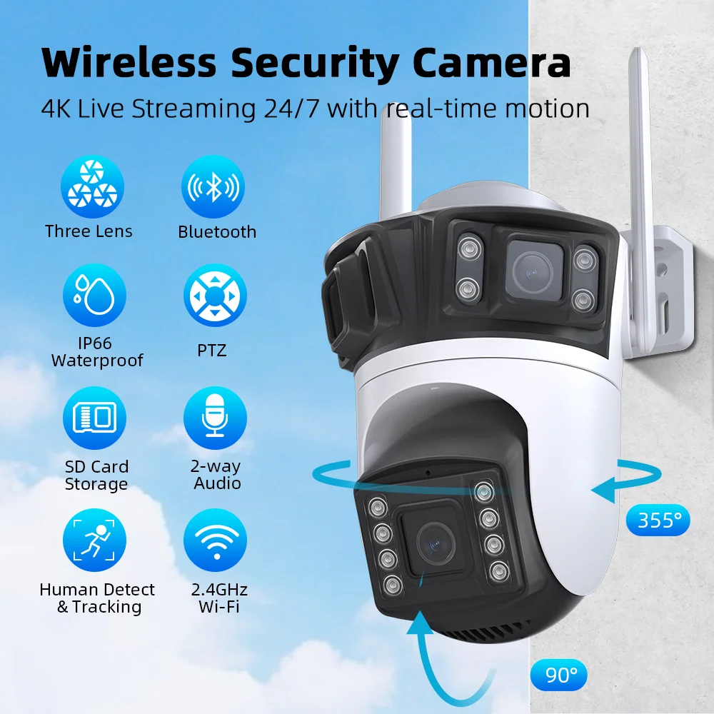 AIOOK كاميرا خارجية مقاومة للماء 3 عدسة HD 12MP 4K WIFI كاميرا 2 طريقة الاتصال الداخلي للرؤية الليلية IP CCTV تتبع الهاتف المحمول كاميرا ICSEE