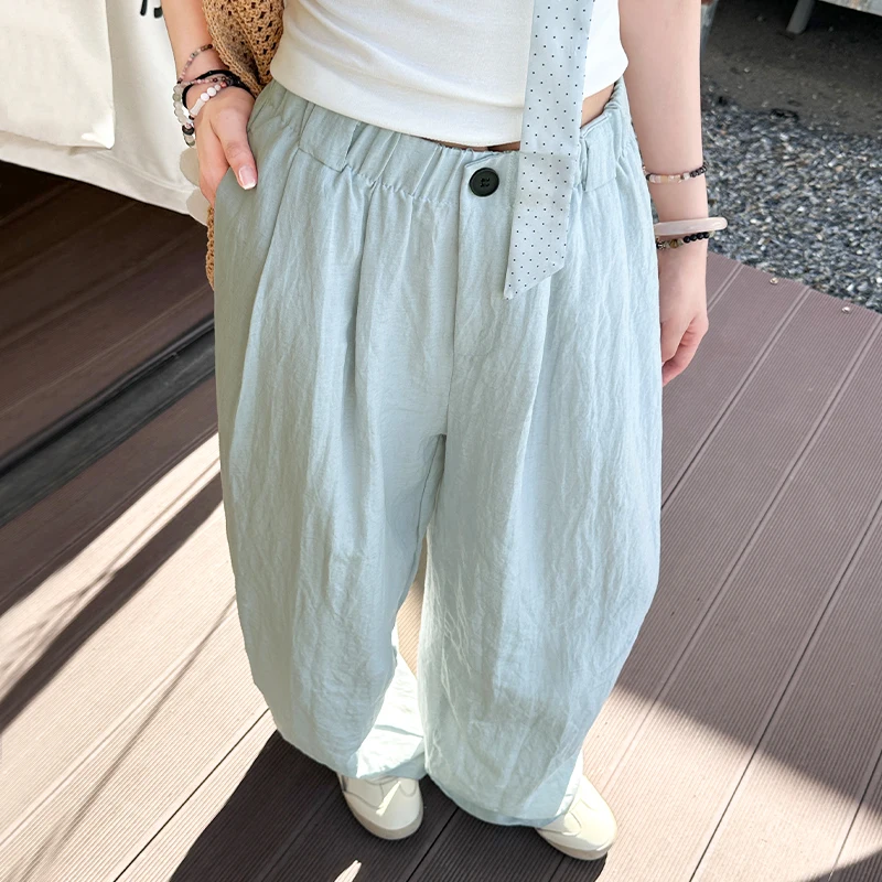 Women's Lyocell Linen Pants Summer Commuter Blue High Waist Wide Leg Pants Elastic Waist Loose Straight Leg Casual Trousers