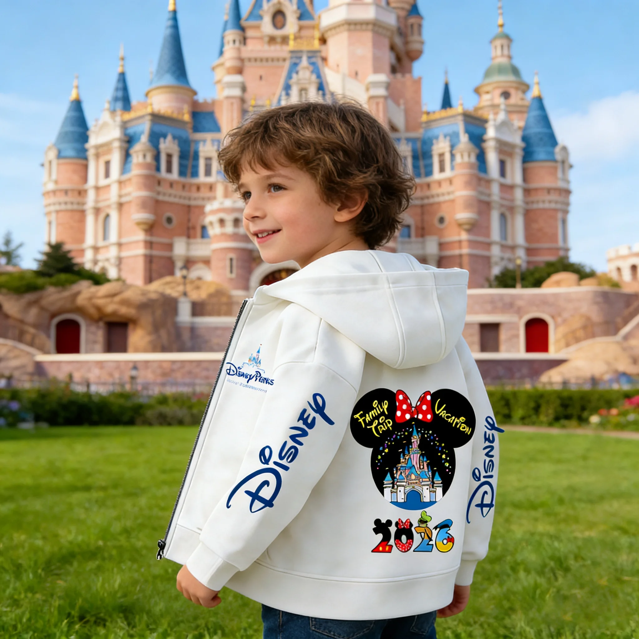 Kawaii 2026 Fashion Land Trip Vacation Clothes Caricature Zip Hoodie Children Top Cartoons Girl Clothes Boy Kids