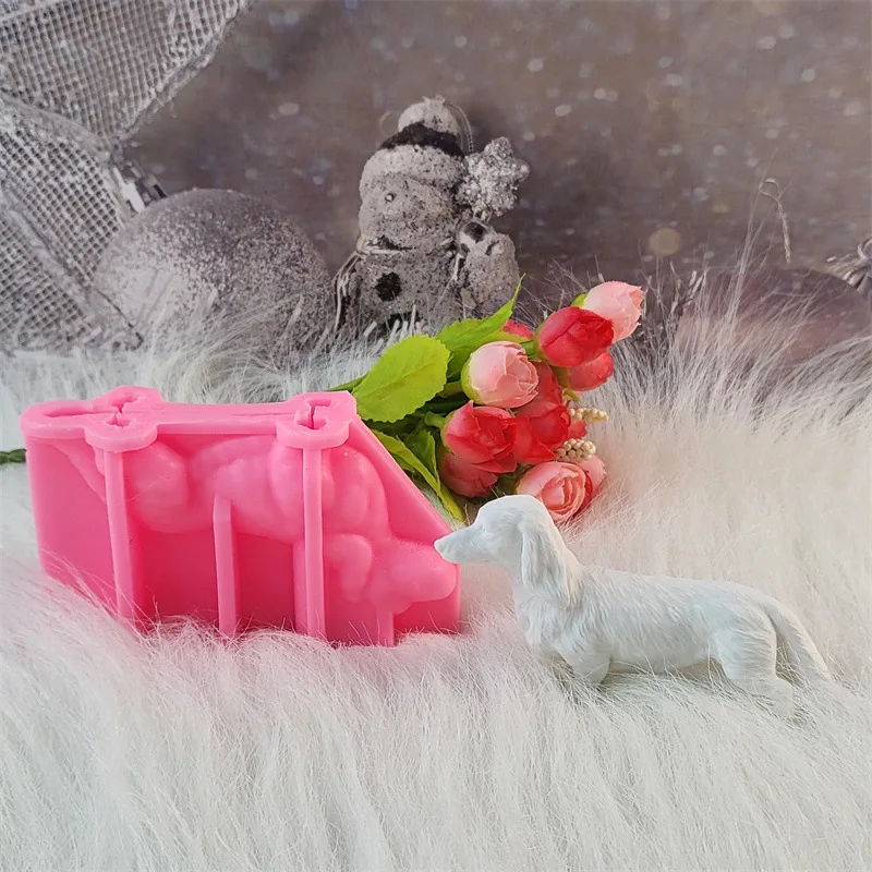 Fluffy Sausage Dog Candle Silicone Molds Home Decoration Wax Candle Mould Puppy Aromatherapy Concrete Cement Gypsum Plaster Mold