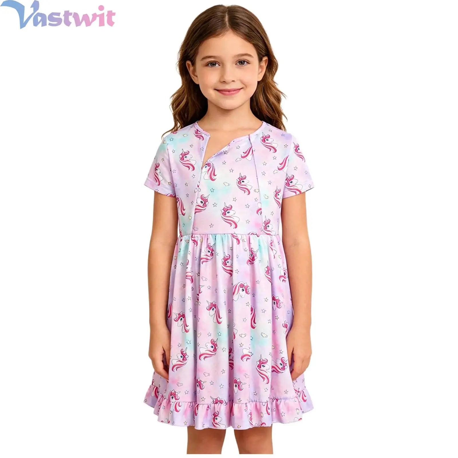 Kids Girls Cute Printed Ruffle Dress Special Needs Patient Nursing Gown Short Sleeve Front Invisible Zipper Chest Treatment