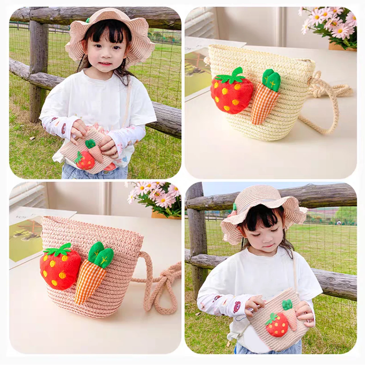 Children Foldable Woven Straw Bag Summer Girl Shoulder Bags Strawberry Carrot Kids Handbags Cartoon Crossbody Bags Small Wallets