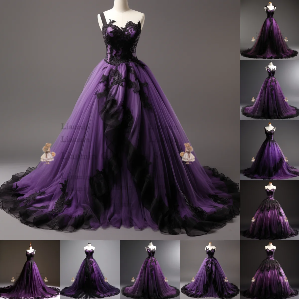 Purple Black Lace Applique Strapless Ball Gown Full Length Evening Party Prom Dress Formal Occasion Hand Made Customized W2-3