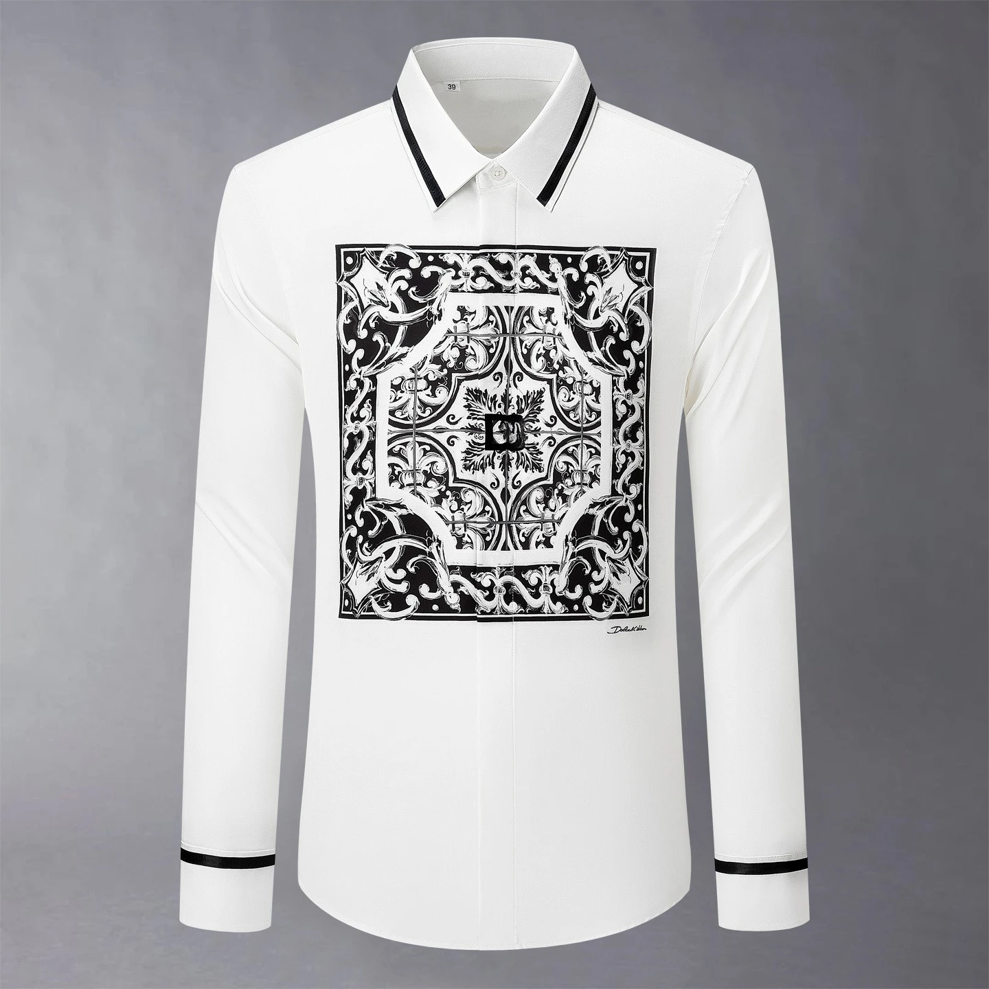 

Brand Luxury Retro Printed Long Sleeved Shirt for Men Ribbon Decoration Casual Business Social Shirts Banquet Party Men Clothing