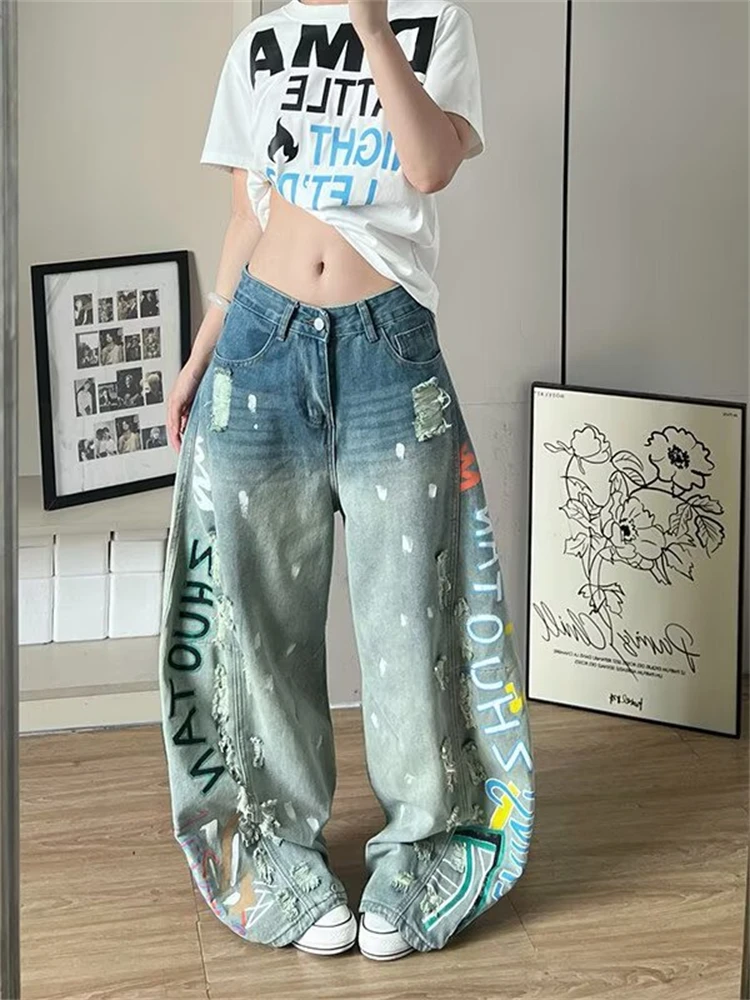 Women's Hole Letter Print Pattern Jeans Street High Waist Y2k Trousers Casual Bottoms Unisex Wide Leg Sweatpants Female Pants