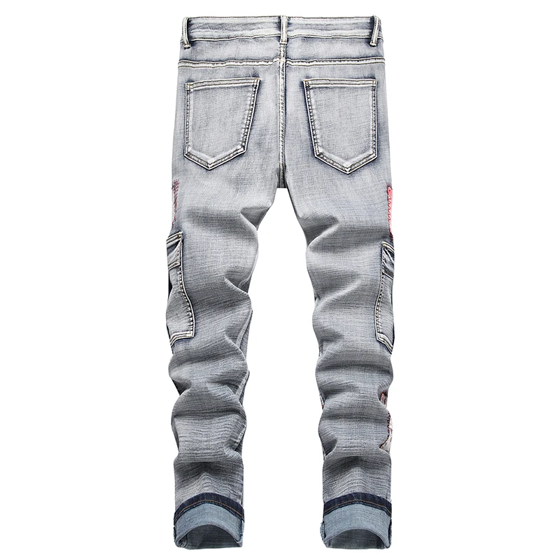 Celana Jeans Denim tambal sulam pria, celana Denim lurus ramping kasual, Jeans Hip Hop jalanan tinggi