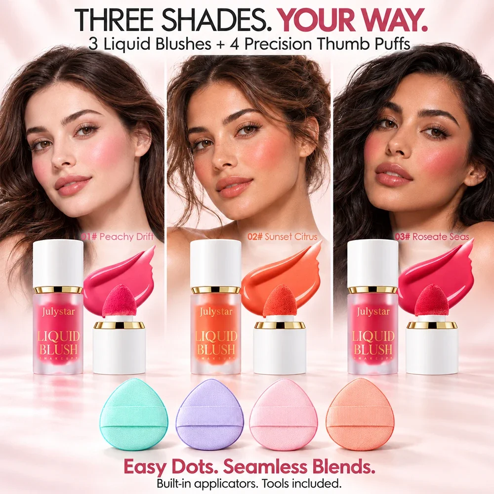 3 Colors Liquid Blush Set with Mini Thumb Puff, Sponge Tip Cheek Tint, Blendable Natural Flush Face Makeup for Women