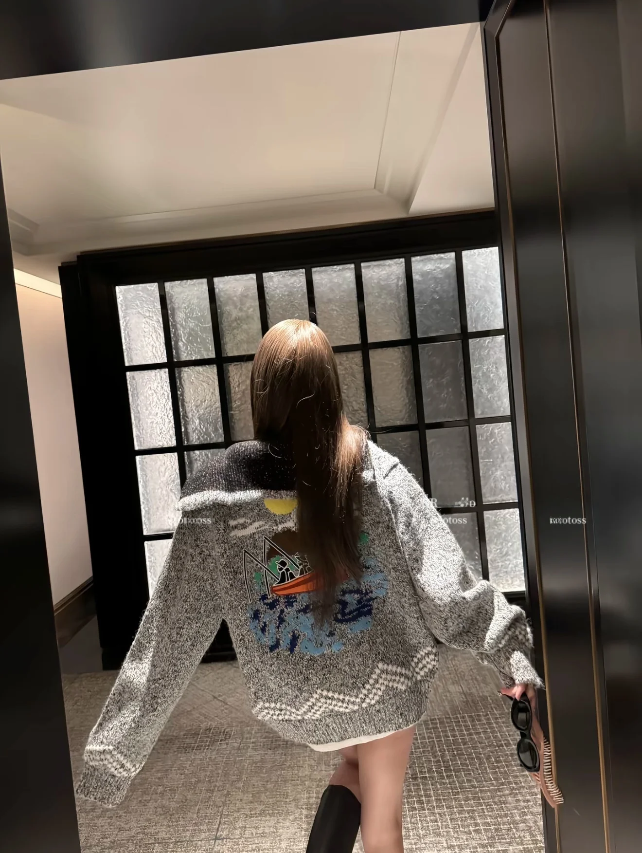 

Autumn Winter Knitted Sweater Coat Zipper Splicing Color Blo Fiing Boat Pattern Casual Loose Fit Women's Warm Cotton Coat