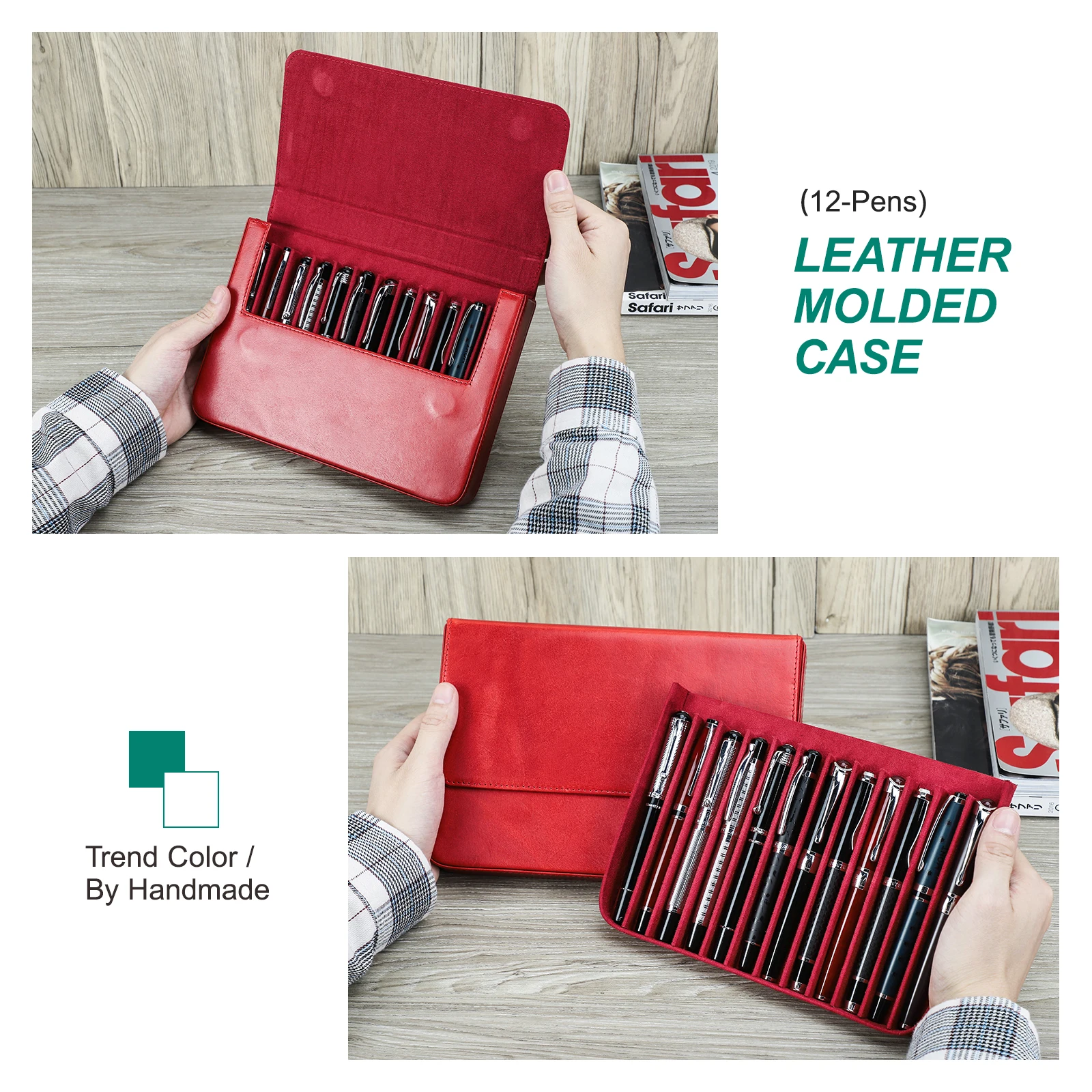 Handgemaakte Lederen Pen Case Organizer Box Met Pen Lade Display Stand Houder Potlood Gevallen Voor Vrouwen Mannen