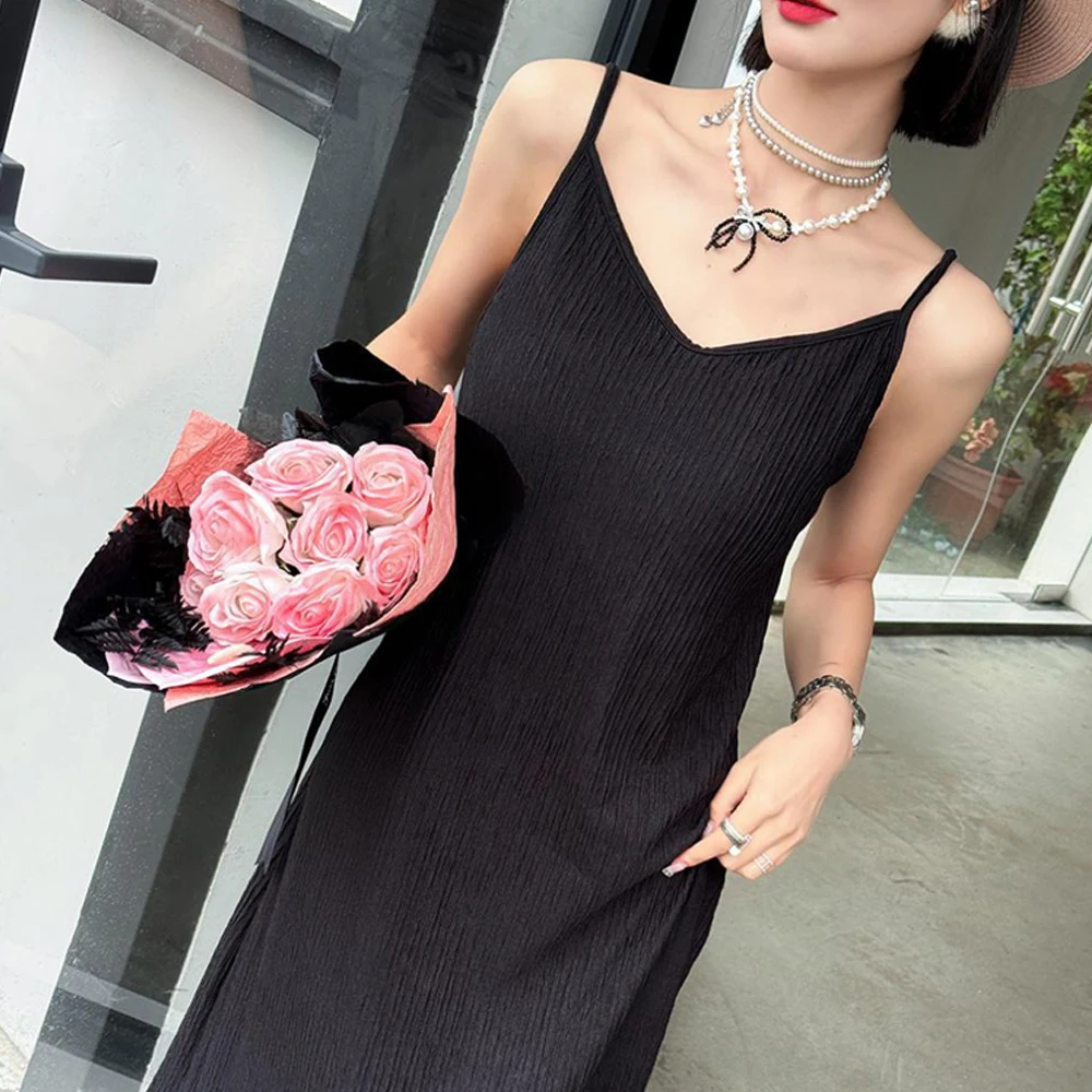 

Strap Sleeveless Backless Simple Party Dresses Women Mori Girl Style Pleated Elastic Midi Dress Retro S-XL Beach Vestido Verano