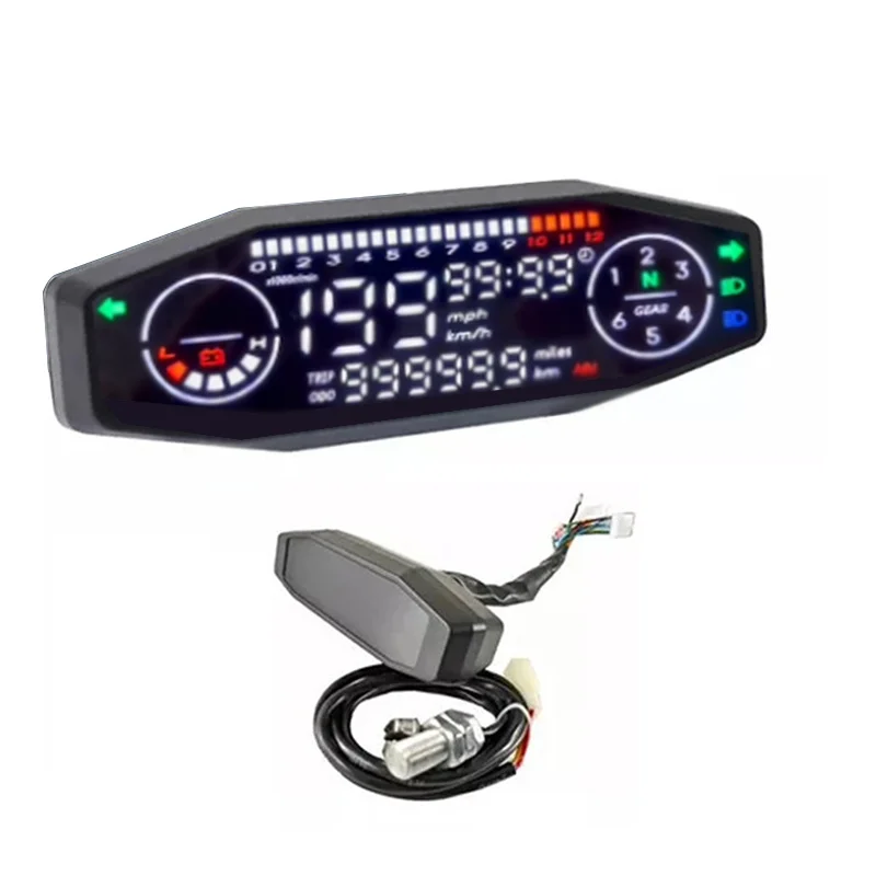 

Universal motorcycle speedometer with digital LCD tachometer, odometer, fuel level gauge with instrument bracket