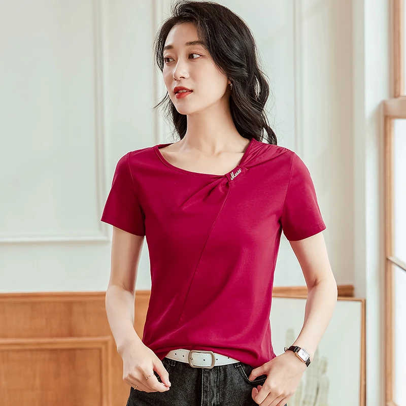 2023 Summer New Solid Short Sleeve Women's T-shirt Round Neck Cotton Splice Comfortable Fashion Casual Fit Pure Cotton Top