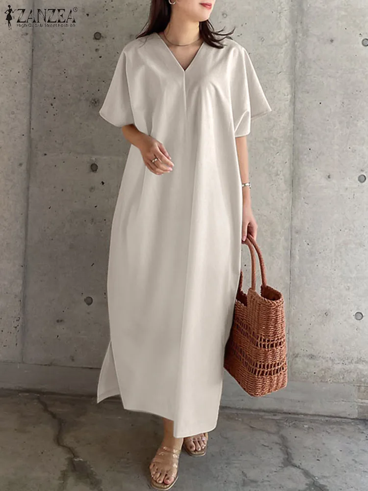 ZANZEA Summer Fashion Solid Dress Women Half Sleeve V Neck Sundress Causal Loose Work Holiday Vestidos Robe Elegant Midi Dresses