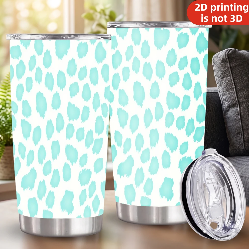 20oz Mint Teal Watercolor Leopard Print Stainless Steel Tumbler with Lid and Straw, Soft Pastel Aqua Cheetah Spots White Vacuum Insulated Travel Coffee Mug Gifts