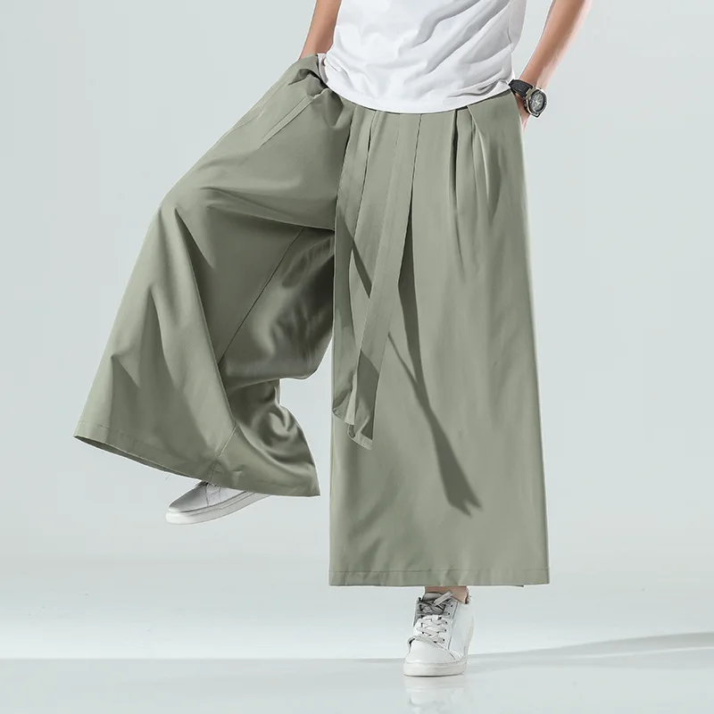 Chinese Style Summer Men's 2024 New Patchwork High-waisted Bandage Pockets Fashion Solid Color Minimalist Casual Wide Leg Pants