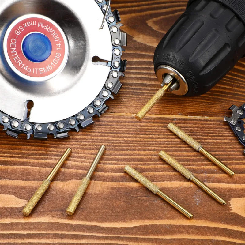 Gold Diamond Coated Cylindrical Burr 4-5.5mm Chainsaw Sharpener Stone File Chain Saw Sharpening Carving Grinding Power Tools Kit