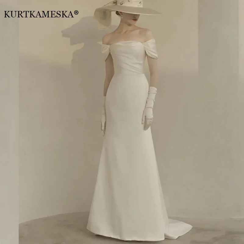 

Wedding Dresses Sweet Off The Shoulder For Women 2025 Satin White Evening Dress Elegant Floor-length Simple Wedding Shooting