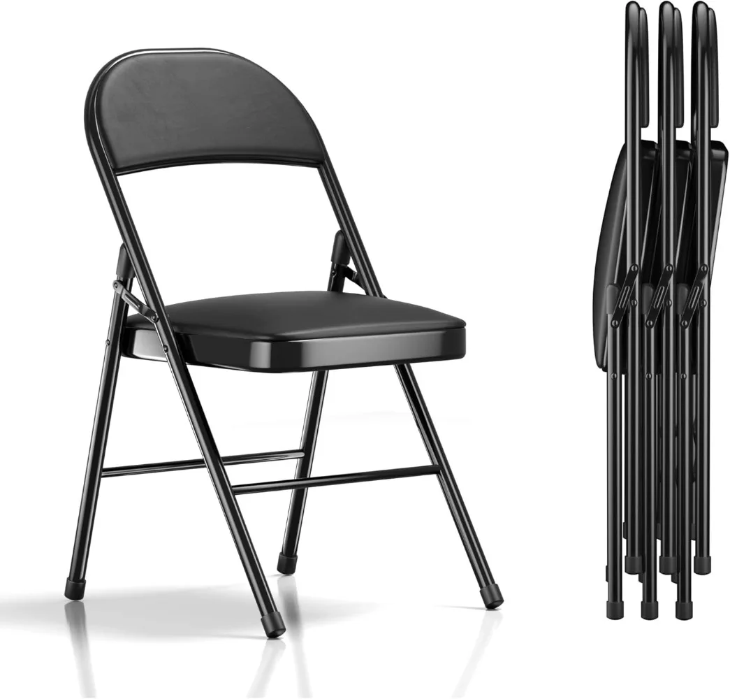 VECELO-Chaises pliantes portables en métal, sièges rembourrés en PU ultra doux pour la maison et le bureau, noir et carré, lot de 4