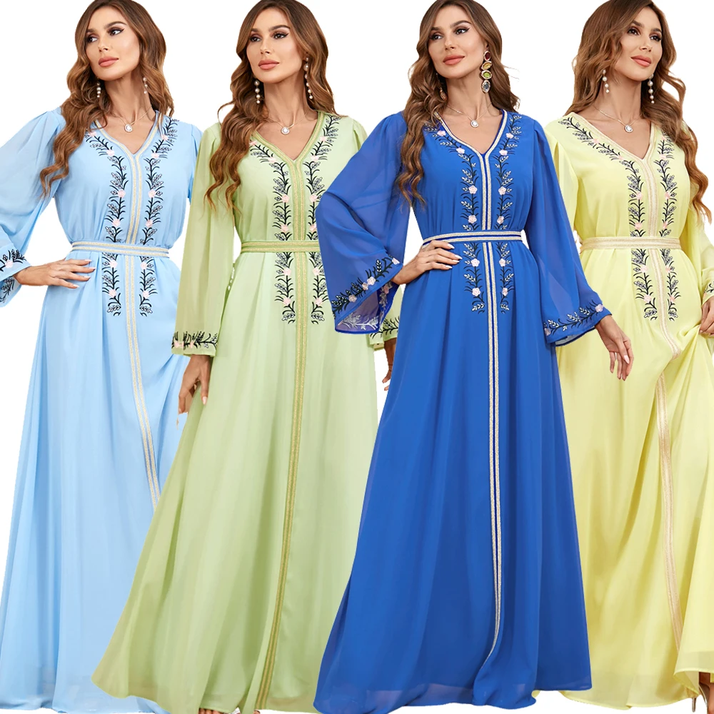 

Autumn Chiffon Embroidery Muslim Dress for Women Jalabiya Abaya Ramadan Party Long Dresses Abayas Woman Robe Caftan Vestidos