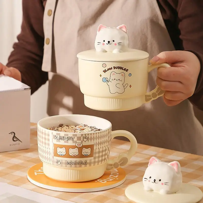 

Cute Ceramic Mug with Lid & Spoon: Large-Capacity, High-Aesthetic Bowl/Cup for Oatmeal, Breakfast & Yogurt – Ideal for Student