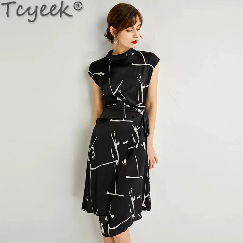 19MM Tcyeek 93.4% Mulberry Silk 2024 Summer Midi Sleeveless Elegant es for Women Black Dress Female Clothing