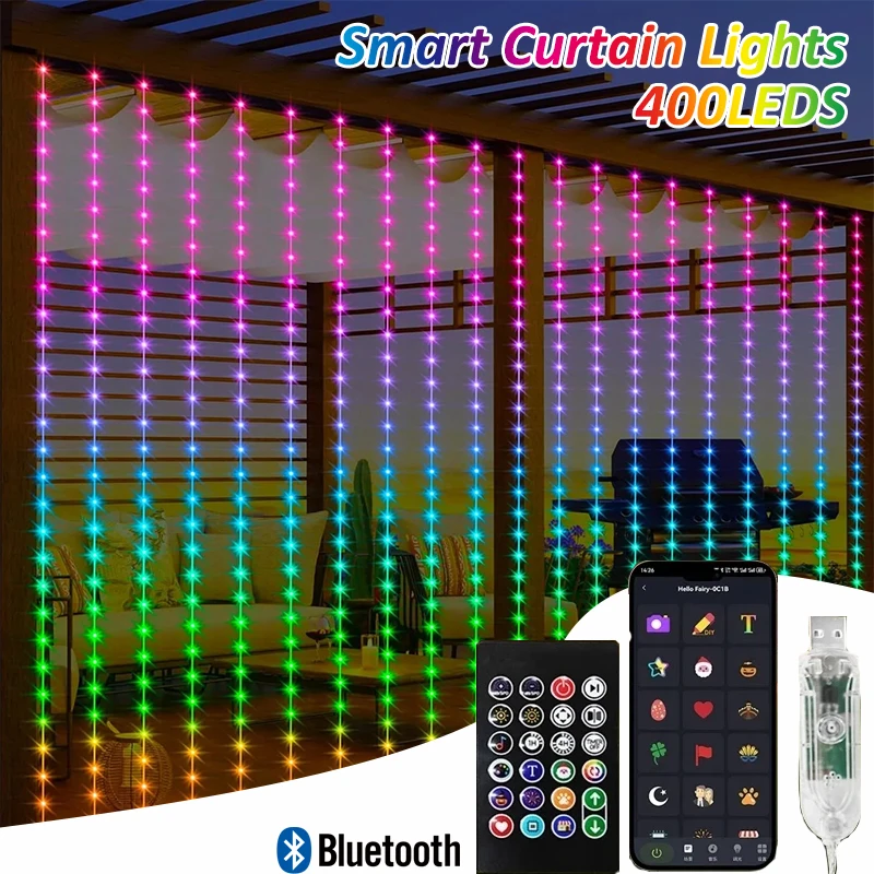 Intelligente Vorhang-Lichter, Bluetooth, App-Steuerung, RGB-LED-Lichterkette, wasserdicht, Lichterkette, USB, DIY, Textmuster, Display, Party, Raumdekoration