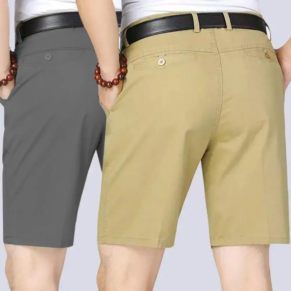 Men Button-zip Fly Shorts Men's Summer Business Style Knee-length Shorts with Zipper Closure Side Pockets Soft for Father