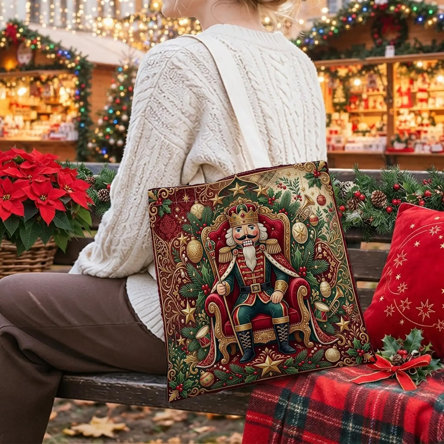Christmas Nutcracker King Print Canvas Tote Bag Vintage Xmas Holly Ornament Pattern Reusable Shoulder Shopping Handbag