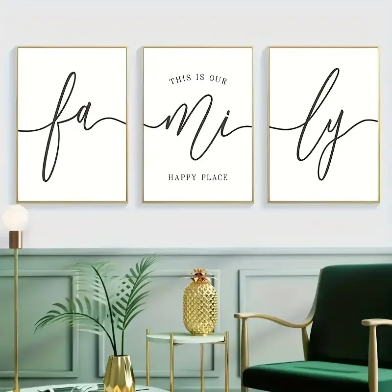 Póster de lienzo de 3 piezas, arte moderno, cita familiar, este es nuestro lugar feliz, decoración de pared familiar, regalo ideal para el kit de sala de estar del dormitorio