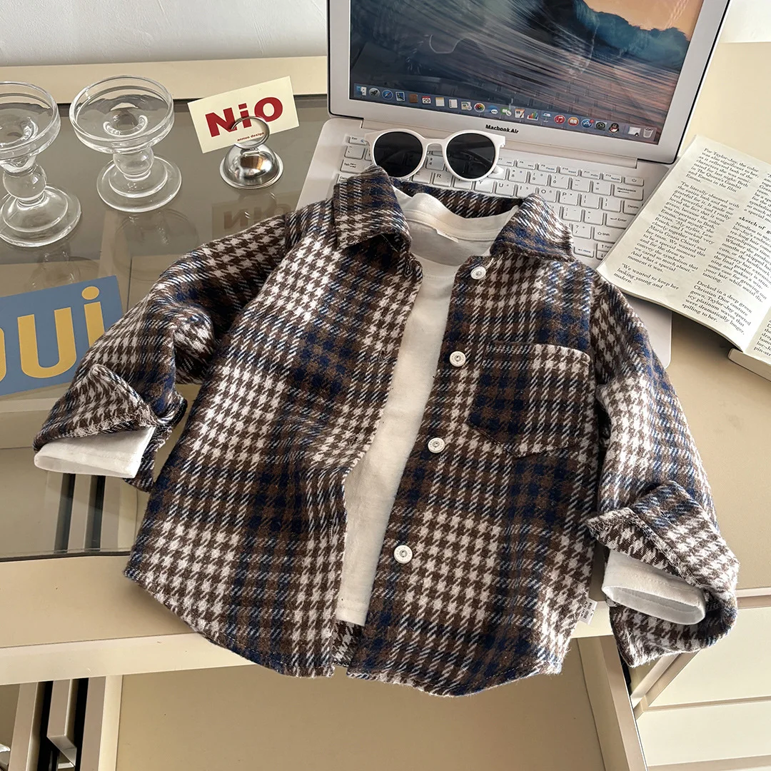 

New Kids Spring Autumn Vintage Long Sleeve Lapel Casual Checked Shirt Tops Baby Boys Classic Plaid Shirts Children's Clothing