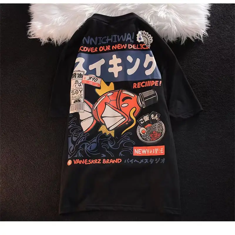 Hip Hop Streetwear T-shirt Harajuku Japanese Kanji Funny Fish Printed Tshirt 2022 Men Japan Style Summer Short Sleeve T Shirt