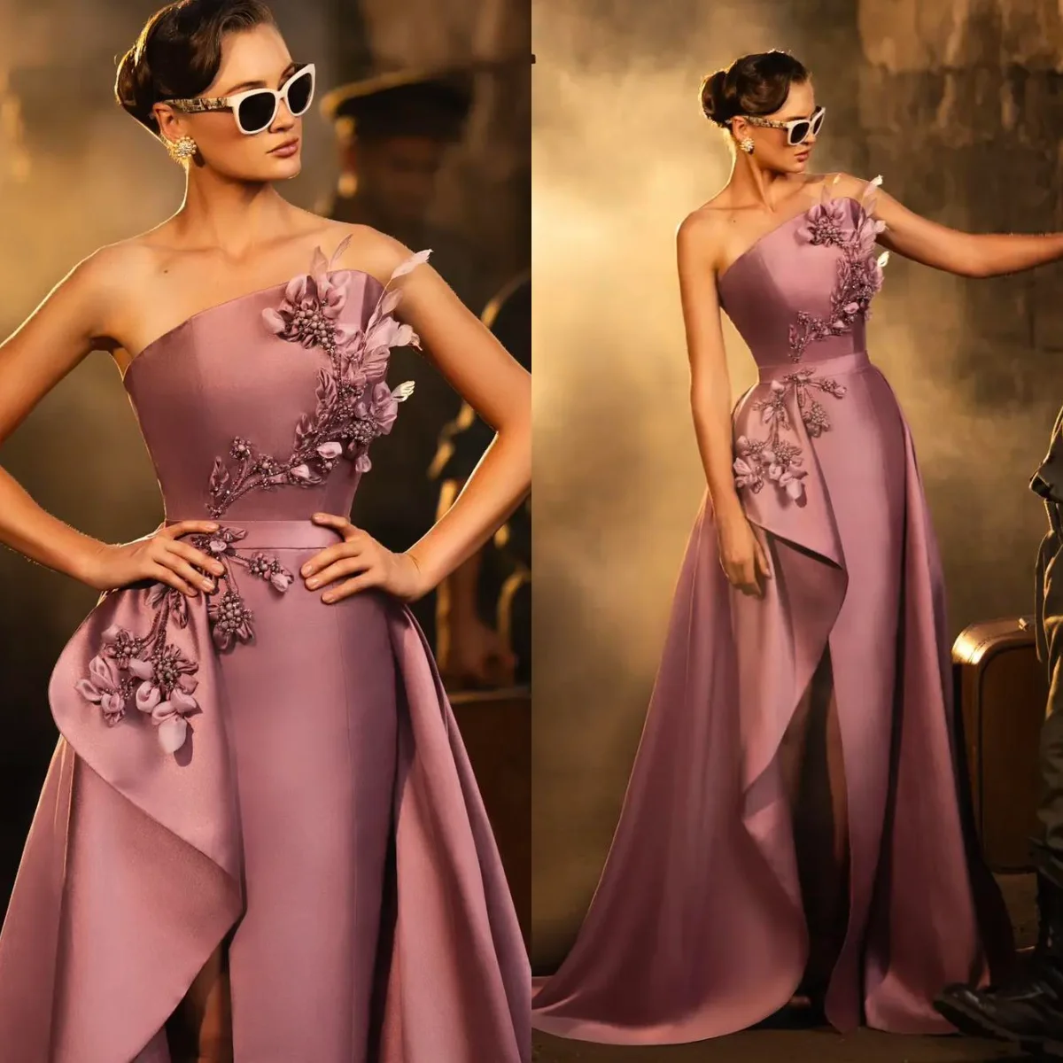 Customized Satin Prom Dresses for Special Occasions Strapless Side Slit Flower Woman Evening Party Gowns