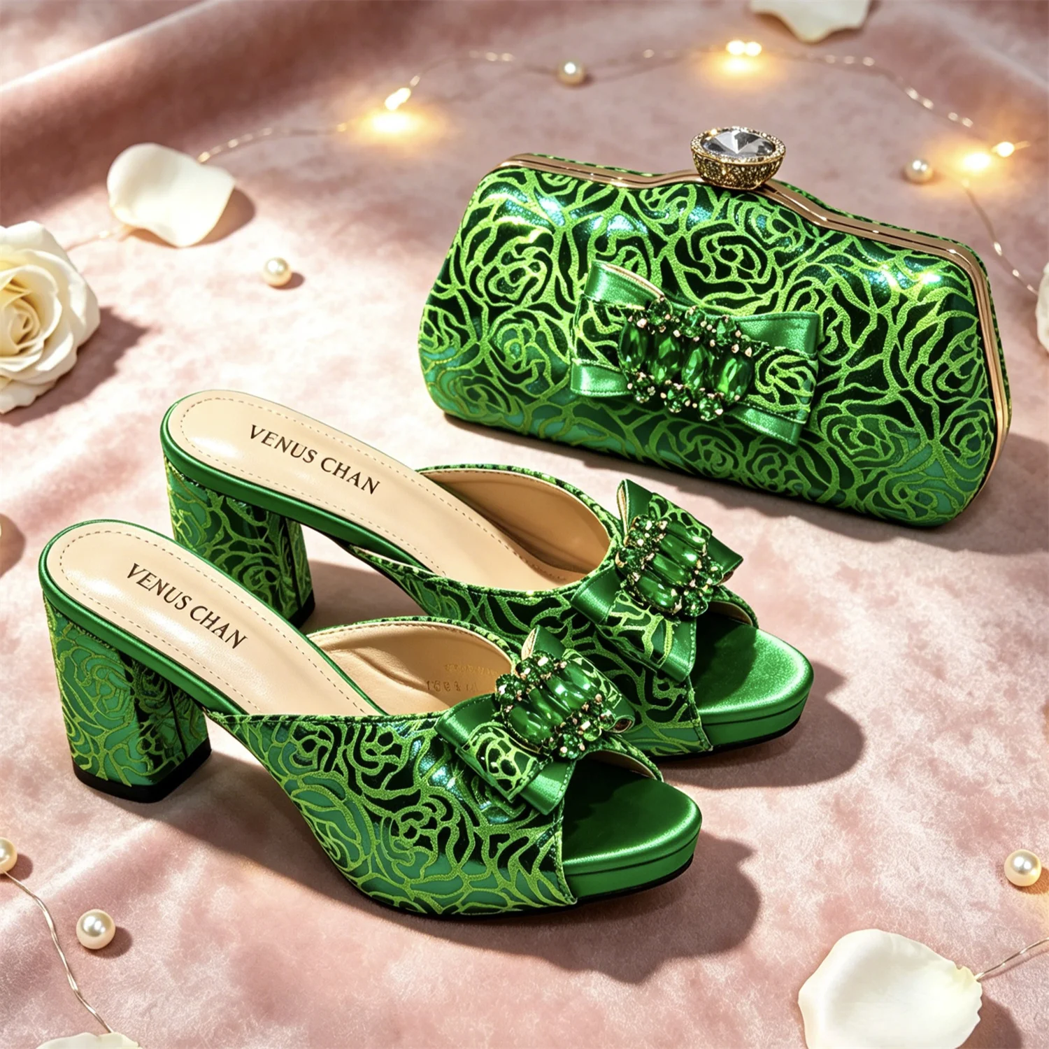 2026 Women's Elegant Green Wedge Heel Shoe and Matching Bag Set with Rhinestone Accents – Stylish Square Toe Design for Parties