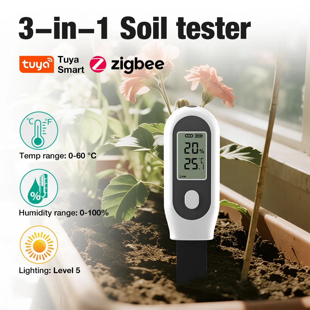 

Zigbee Smart Soil Sensor 3 in 1 Soil Tester Soil Temperature Humidity Sunlight Meter LCD Soil Moisture Detector for Pots Garden