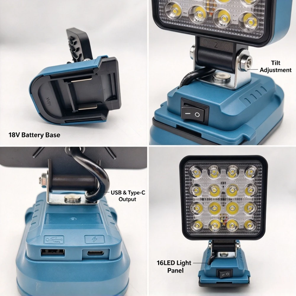 16LED Cordless Work Light with 18V 6.0Ah Lithium Battery, Portable Adjustable Angle LED Work Lamp for Workshop Camping Repair