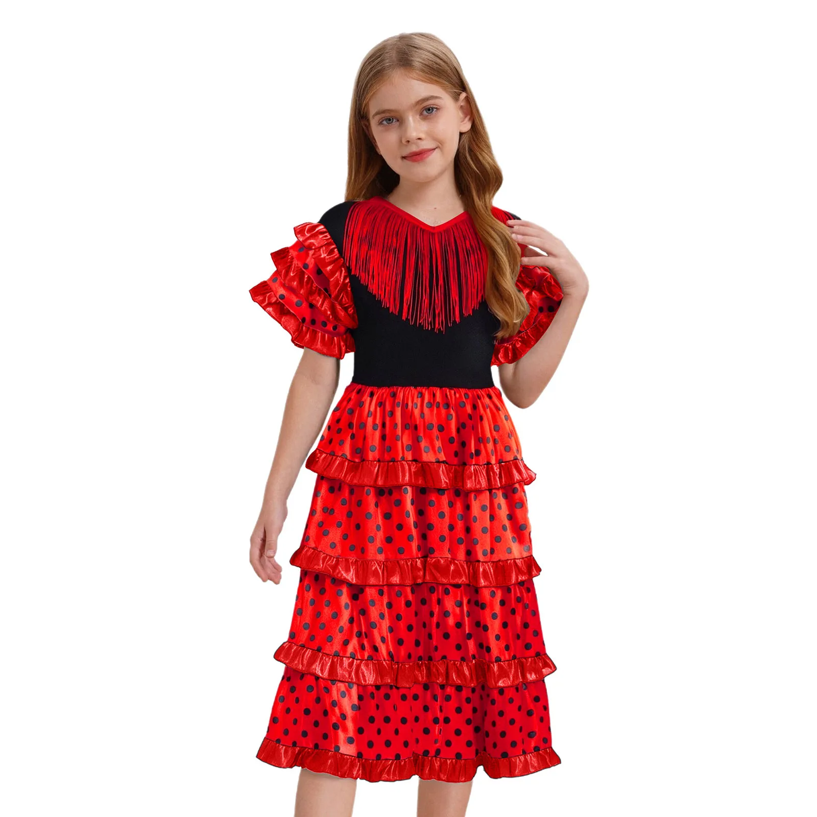 

Kids Girls Spanish Flamenco Dance Dress Performance Costume Tassels V-Neck Short Sleeve Tiered Ruffles Color Block Dots Dress